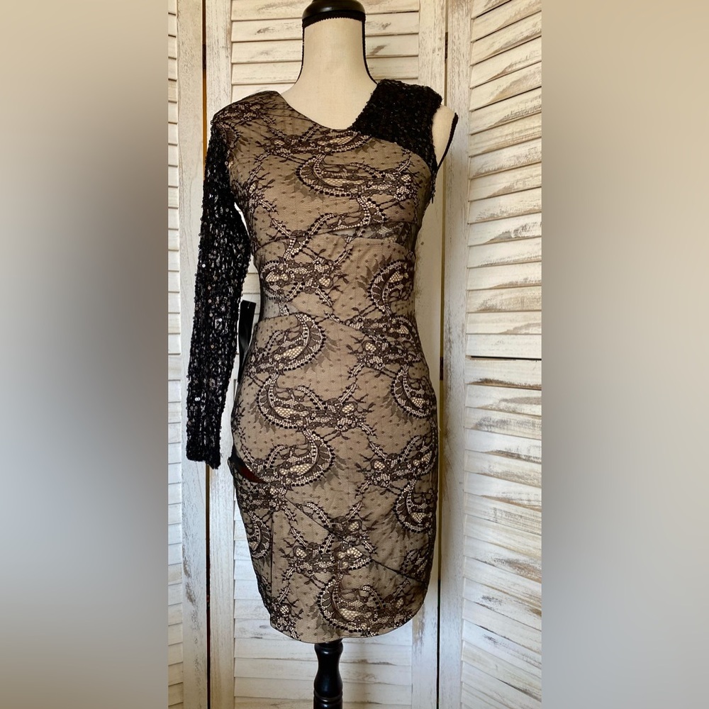 NWT BEBE Addiction Sparkle One Sleeve Lace Dress‎ - Picture 2 of 12